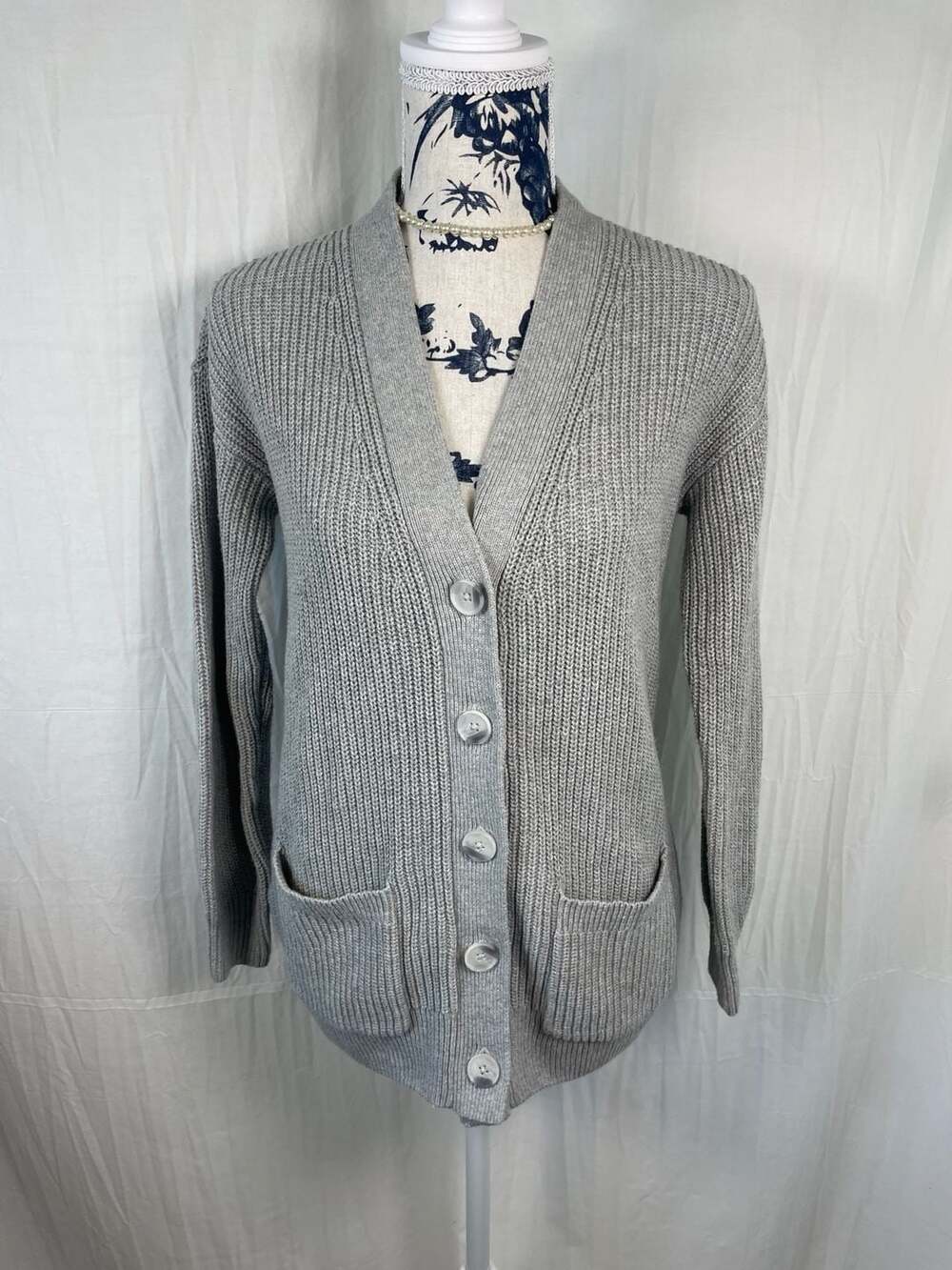 LOFT Heather Gray 100% Cotton Shaker Knit Cardigan Sweater with Pockets Sz XS